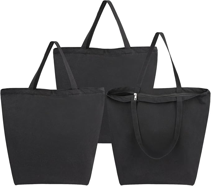 Segarty Canvas Tote, 3 Pack 20x15.7 Black Canvas Shopping Bags for Women, Reusable Natural Cotton Bag Aesthetic with Shoulder Strap, Bulk for DIY, Grocery Shopping, Beach, Travel，Gift by Segarty