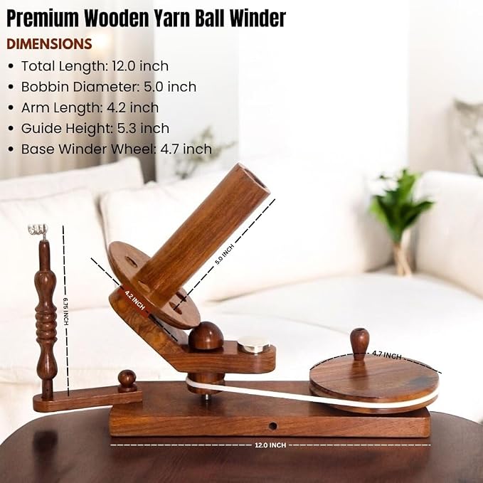 Rosewood Yarn Ball Winder, Wooden Hand Operated Yarn Winder for Knitting & Crocheting, Tabletop Wool String Winding Machine with Guide Arm, Swift Yarn Roller for Skeins, Hand Crank Fiber Tool - Image 6