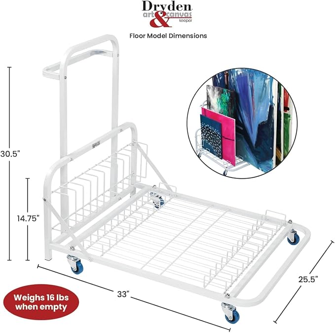 Dryden Art Canvas Storage Rack & Frame Keeper, Mobile Cart, Large Floor Model with Casters and Handle - 33" x 25.5" x 30.5" - White - Image 2