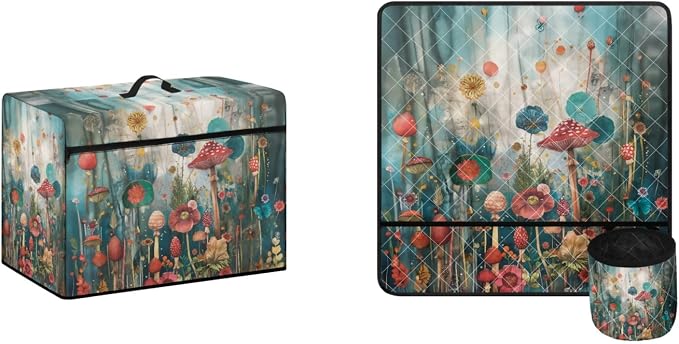 Mushroom Flowers Sewing Machine Mat & Dust Cover, Stain Resistant Muffling Mats with Pockets for Sewing Accessories Reduce Vibration Home Decor by Kathyboom