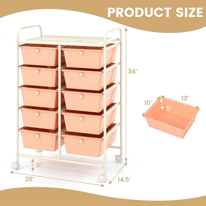 10 Drawer Rolling Cart, Storage Cart Organizer on Wheels, Drawer Cart with Metal Frame & Large Storage Capacity, Rolling Cart with Drawers for Living Room Classroom, Office - Image 3
