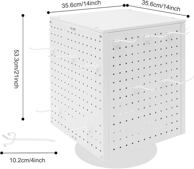 Pegboard Rotating Display Stand with 20 Hooks, 4 Sided Metal Spinning Peg Board Displays, Jewelry Earring Stands, Craft Keychain Rack, Necklace Holder for Retail Table Counter (White) - Image 3