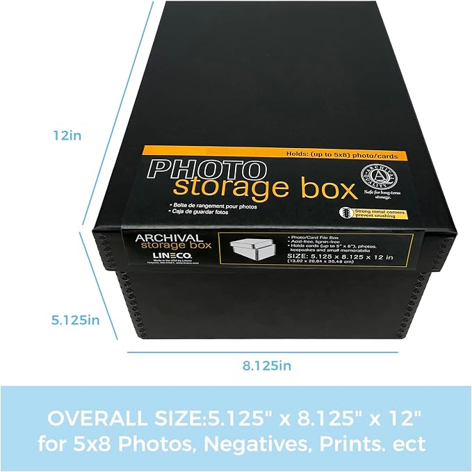 Lineco Archival Photo Card Box, Museum-Quality, 5x8x12 Inch, Black, 2 Pack | Acid-Free with Removable Lid, Metal-Edge Corner, Bulk Storage and Preservation for Negatives, Prints, Films, Photos, Snapshot - Image 3