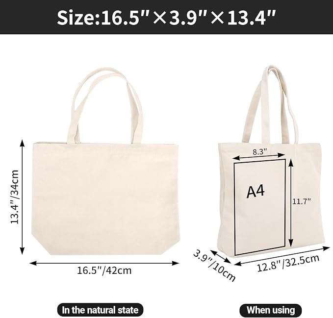 Segarty 3PCS 16.5x13 inch Natural Heavy DIY Tote for Crafting, Ironing and Embroidering, White Canvas Reusable Grocery Shopping Bag with Zipper - Image 2