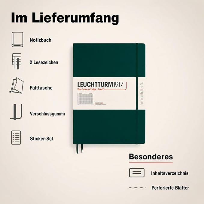 LEUCHTTURM1917 - Notebook Hardcover Master Classic A4+ - 235 Numbered Pages for Writing and Journaling (Forest Green, Squared) - Image 8