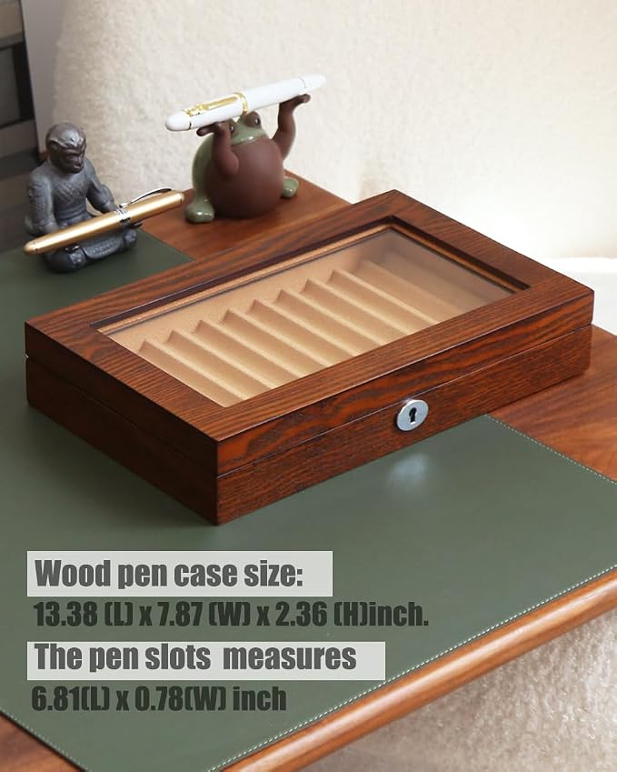 Fountain Pen Display Case with 12 Pens, Wood Pen Display Box, Lockable Pen Storage Box with Glass Top, Pen Box Organizer, Pen Collection Display Case (Brown with Camel Velvet) - Image 4