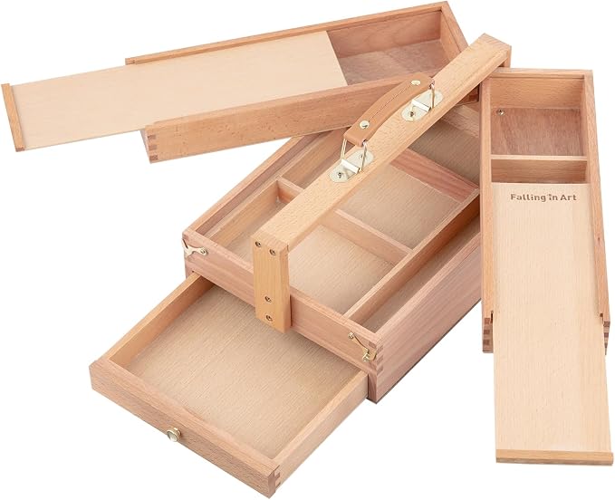 Falling in Art Artist Supply Storage Box, Three Layer Art Storage Tool Box | Portable Beechwood Toolbox with Drawer for Paints, Brushes, Pastels, Pens, and Markers by FallinginArt
