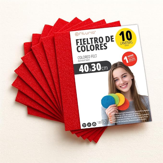 OFITURIA Felt for DIY Crafts, Soft and Flexible Coloured Fabric Sheets for Sewing, Patchwork, School Projects, Textile Art and Decoration 40 x 30 cm (Red, 10 pcs) by OFITURIA