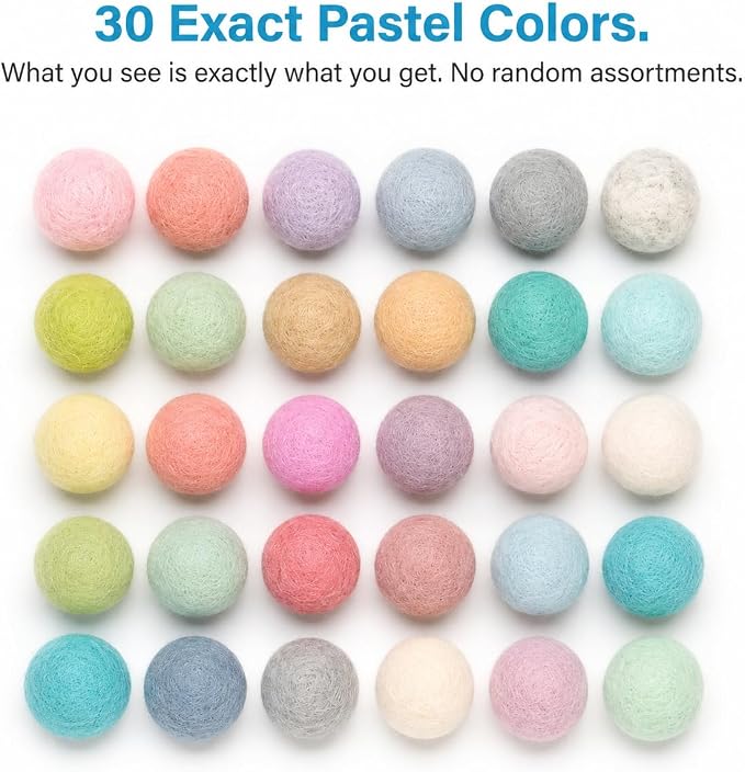 Glaciart One Felt Pom Poms, Wool Felt Balls (120 Pieces) 1 cm – 0.4 Inch, Handmade Felted 30 Pastel Colors (Green, Pink, Blue, Yellow and More) Bulk Small Puff for Felting and Garland - Image 7