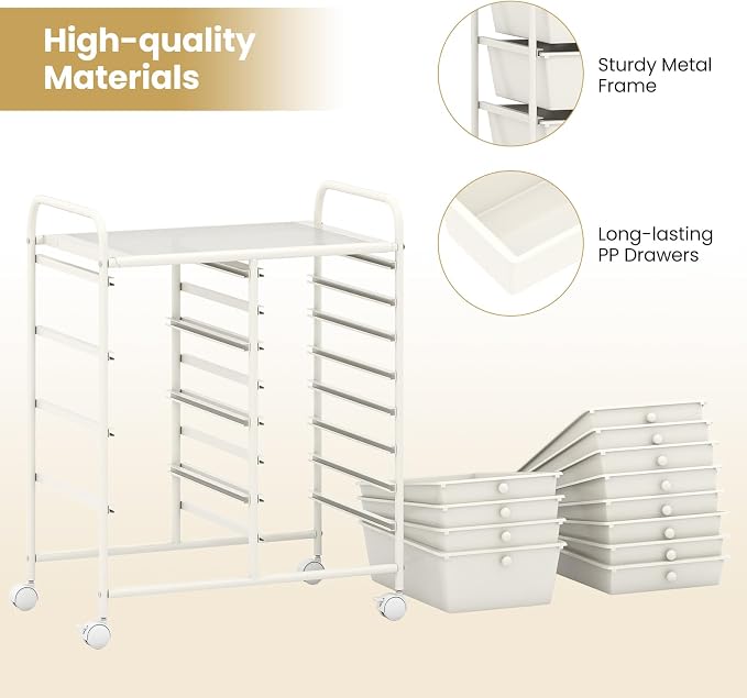 COSTWAY 12 Drawer Rolling Storage Cart, Utility Cart with Metal Frame | Mobile Art Supply Craft Organizer, Multipurpose Storage Organizer for Paper, Office, School Teacher, Classroom, White - Image 6