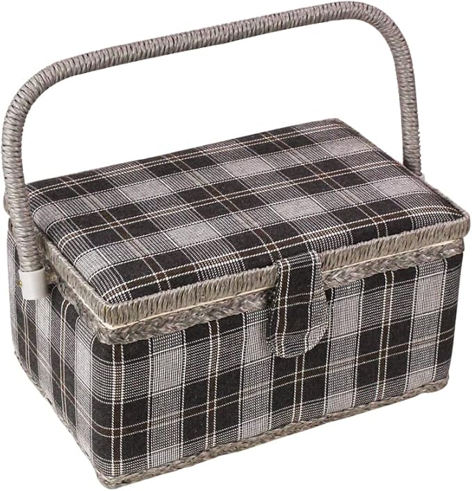 Sewing Basket with Floral Print Design - Sewing Kit Storage Box with Removable Tray, Built-in Pin Cushion and Interior Pocket - by Adolfo Design (Large - 12" x 9" x 6", Dark Gray Plaid) by Unknown
