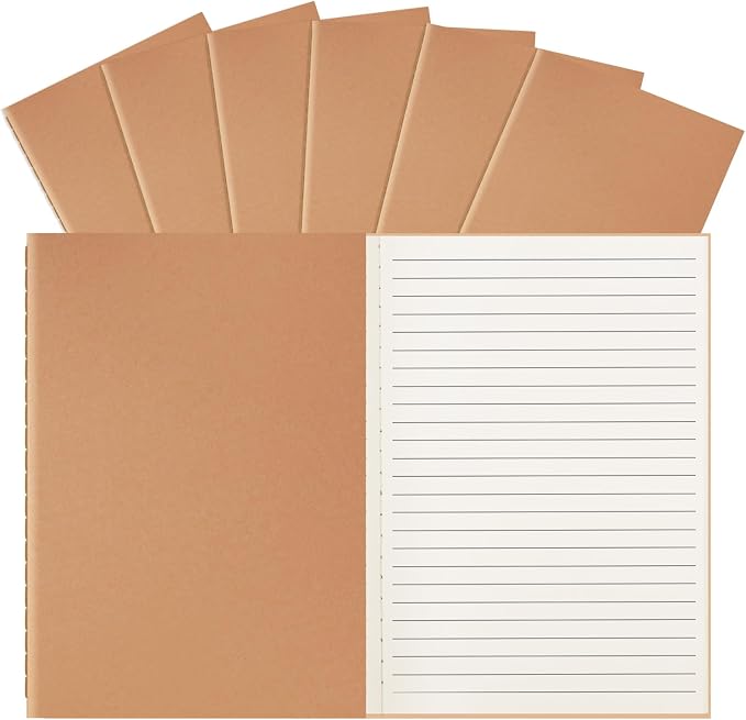 6 Pack A5 Lined Kraft Notebooks Bulk, 8.3x5.5 Inches, Journaling Notebooks | A5 College Ruled Notebook, Soft Cover Composition Notebook, 30 Sheets/60 Pages, Travel Journal Notebooks Set for Work, School by ALKALO