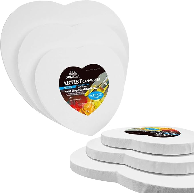 PHOENIX Heart Canvases for Painting - 8, 10, 12 in (2 of Each) - 100% Cotton 10 Oz Triple Primed White Blank Acid-Free Artist Shaped Stretched Canvas for Oil, Acrylic Painting Decoration by PHOENIX