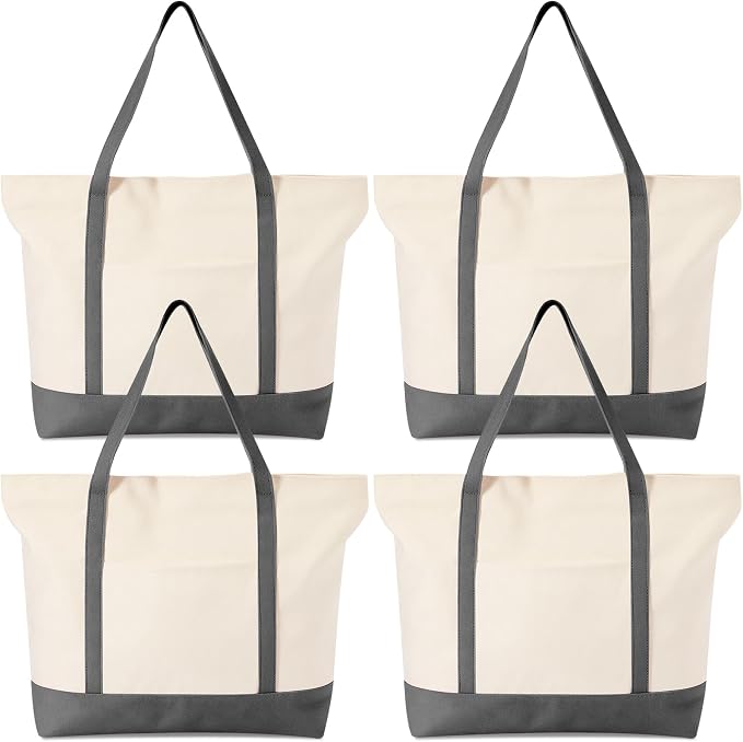 4 Pcs Large Canvas Tote Bags Bulk with Top Zipper Closure, Reusable Grocery Shopping Bags, Bachelorette Party DIY Gifts (21" X 15" X 6",Grey) by Unknown