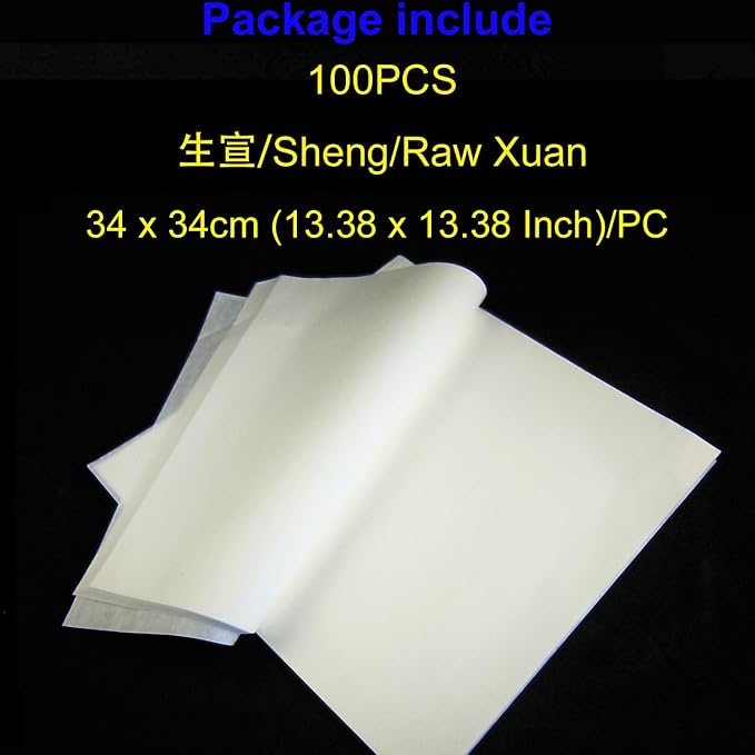 KYMY Chinese/Japanese Calligraphy Paper 100PCS, Sumi Paper/Rice Paper for Writing Painting Drawing Practice, Chinese Brush Ink Xuan Paper Sheng (Raw) Xuan (34 x 34 cm (13.38 x 13.38 Inch)) - Image 2