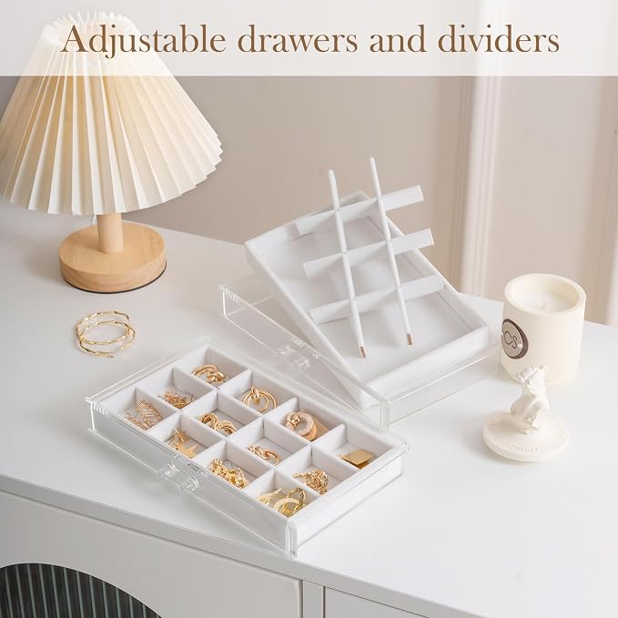 Lolalet Earring Holder Organizer Box Jewelry Storage with 6 Drawers, Clear Acrylic Stackable Earring Case with Adjustable Velvet Trays for Women on Dresser Vanity -Warmwhite, 6 Layers - Image 2