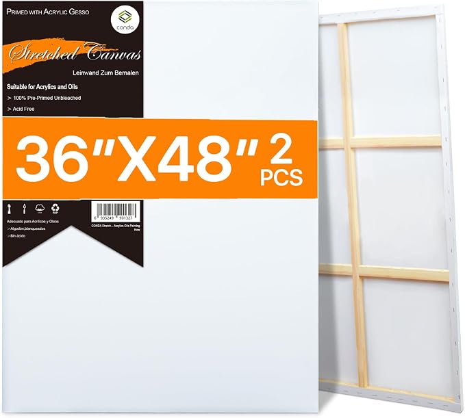 CONDA Large Canvas for Painting 36x48 Inch 2-Pack, Big Stretched Canvas 100% Cotton, Primed Acid-Free, Artist Canvas for Acrylics Oils Pouring Painting by CONDA
