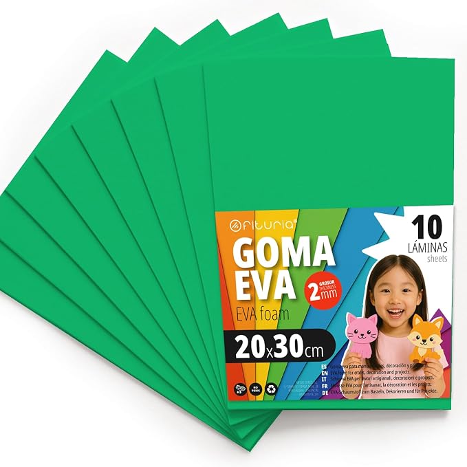 OFITURIA Foam Rubber for Crafts and School Projects, Coloured Foam Ideal for DIY, Decoration, Scrapbooking and Creative Projects, 20 x 30 cm (Green, Pack of 10) by OFITURIA