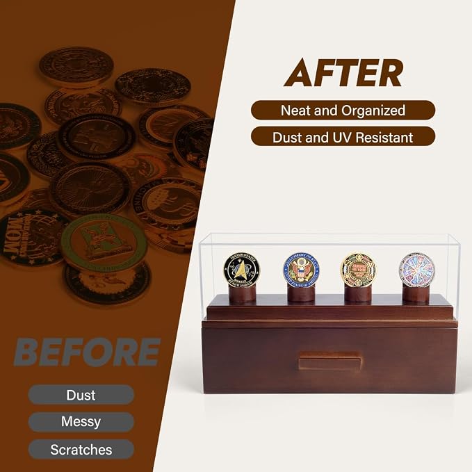 Challenge Coin Display Case, Military Coin Collection Holder with Wooden Coin Box, Drawers, and Clear Acrylic Lid – Gifts for Coins Collectors (4 Pillars) - Image 6