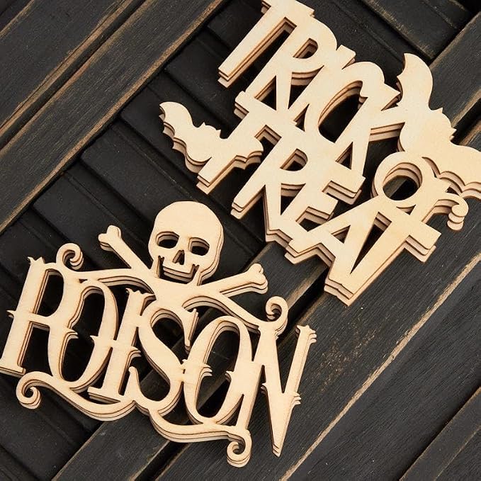Pack of 36 Unfinished Wood Poison with Skull and Cross Bones and Trick or Treat with Bats Cutouts - Halloween Wooden Shapes for Fall Crafts and Autumn Decorations - Made in USA (Size: 3-3/4" H) - Image 3
