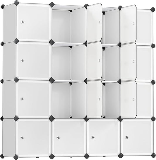 SONGMICS Cube Storage Organizer, Set of 16 Plastic Cubes, Closet Storage Shelves, DIY Plastic Closet Cabinet, Modular Bookcase, Shelving with Doors for Bedroom, Living Room, White ULPC44BSV1