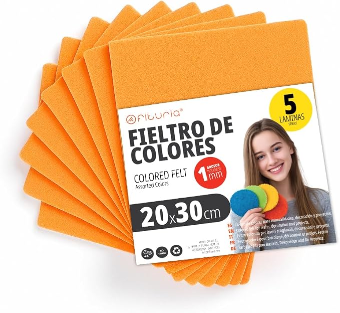 OFITURIA Felt for DIY Crafts, Soft and Flexible Coloured Fabric Sheets for Sewing, Patchwork, School Projects, Textile Art and Decoration, 20 x 30 cm (Orange, 5 pcs) by OFITURIA