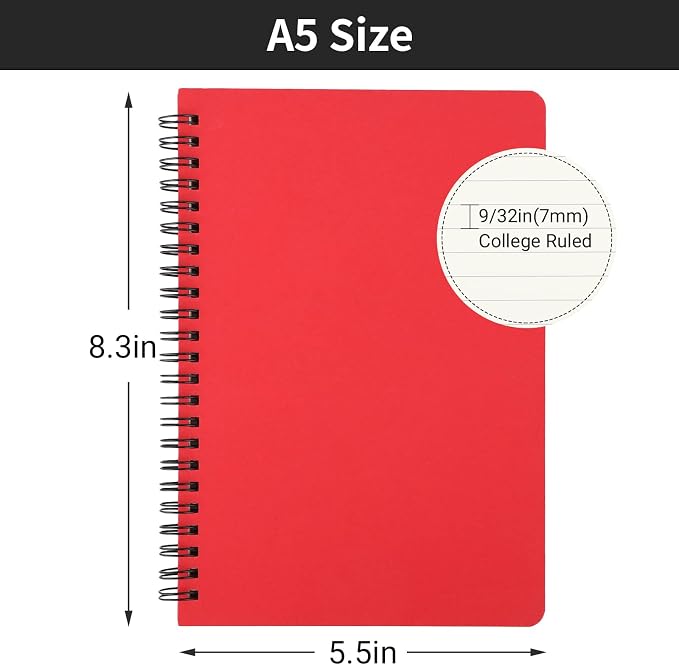 EUSOAR College Ruled Spiral Notebook, A5 1pack 5.5"X8.3" 160 Pages Lined Travel Writing Subject Notebooks Journal, Memo Notepad Sketchbook, Students Office Business Diary Ruled Journal-Red Cover - Image 2
