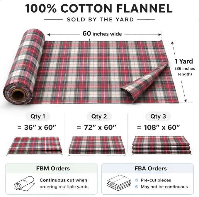 FabricLA 100% Cotton Flannel Fabric 60" Wide 180 GSM Lightweight - Super Soft Fabric for Sewing Quilts Pajamas Blankets Shirts and Crafts - Holiday Tartan Check, Style 8-25 Yard Pre Cut - Image 6