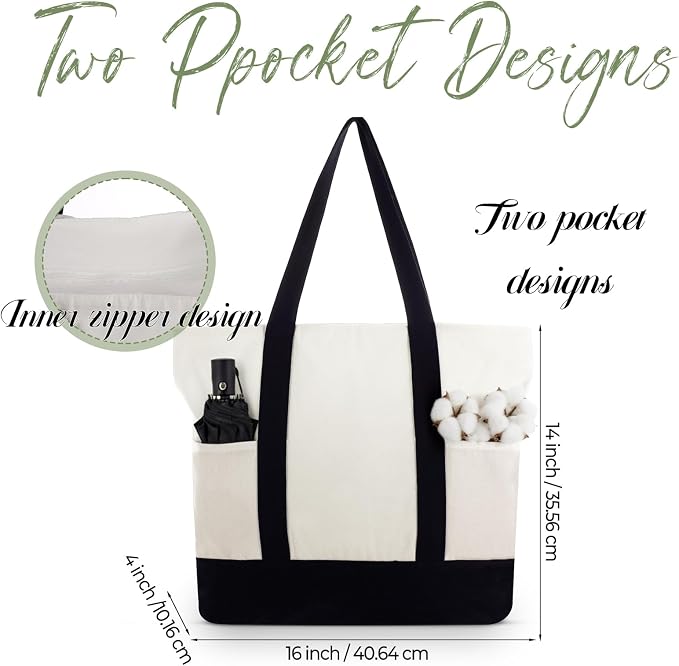 Capoda 16 x 14 Canvas Tote Bags with 2 Pocket, Bulk Zipper Totes Reusable Blank Sublimation Bags for Shopping Grocery DIY - Image 3