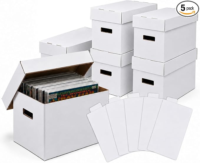 PIT66 5 Pcs Comic Book Storage Boxes, Holds 150-175 Comics Each, | Collapsible, Stackable, Moistureproof, White, 15.83"L x 11.42"W x 7.87"H by PIT66AutoParts