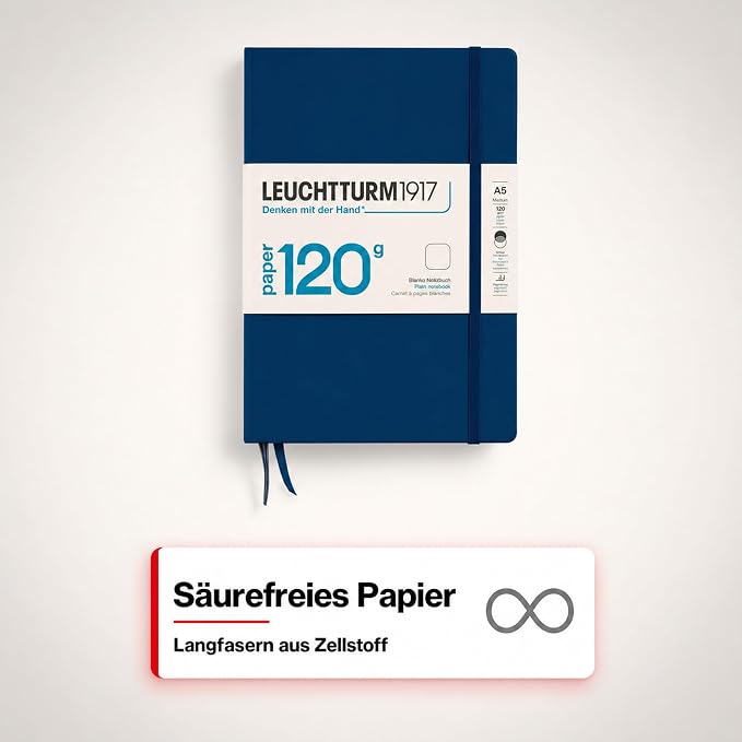 LEUCHTTURM1917-120G Special Edition - Medium A5 Hardcover Notebook - 203 Numbered Pages with 120gsm Paper (Navy, Plain) - Image 6