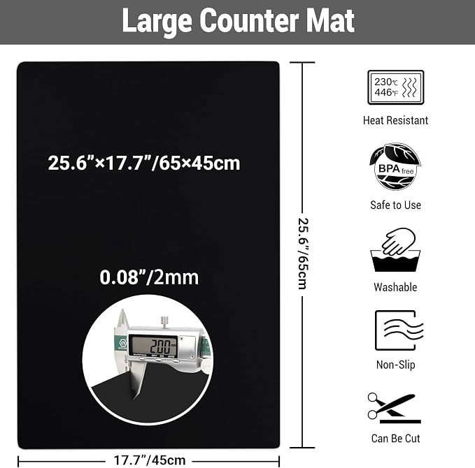 Ewen 25.6x17.7in Large Silicone Kitchen Counter Mat, 2mm Thick Heat Resistant Countertop Protector, Baking Silicone Mat under Air Fryer Toaster Oven Microwave Coffee Maker Cutting Board Drill Black - Image 3