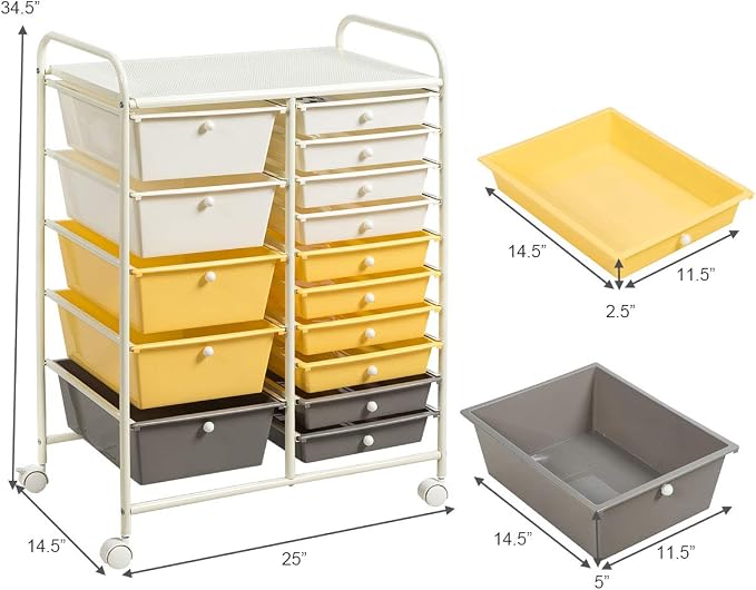 RELAX4LIFE 15 Drawer Rolling Storage Cart, Mobile Drawer Carts for Craft Art Supply Paper Salon, Utility Cart on Wheels for Classroom Teacher School Office, Rolling Cart with Drawers (Yellow) - Image 3