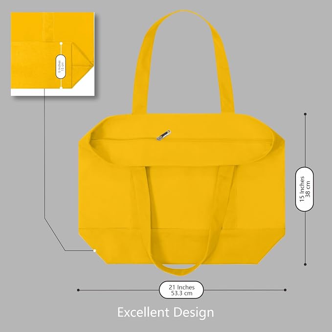 TOPDesign 1-Pack Canvas Tote Bags with an External Pocket, Reusable Grocery Shopping Bags, Top Zipper Closure, Daily Essentials (Yellow) - Image 5