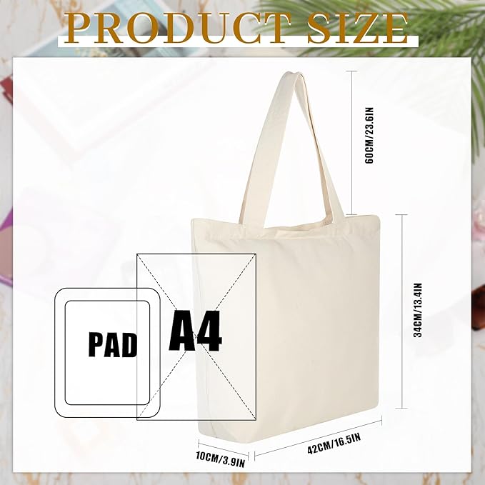 Epakh 10 Pack Canvas Tote Bag Bulk with Zipper,Reusable Beige | 16.5 x 3.9 x 13.4 Inch, Blank Canvas Cotton Bags Bulk with Zipper, Large Grocery Shopping Totes for Women Men DIY Crafting - Image 4