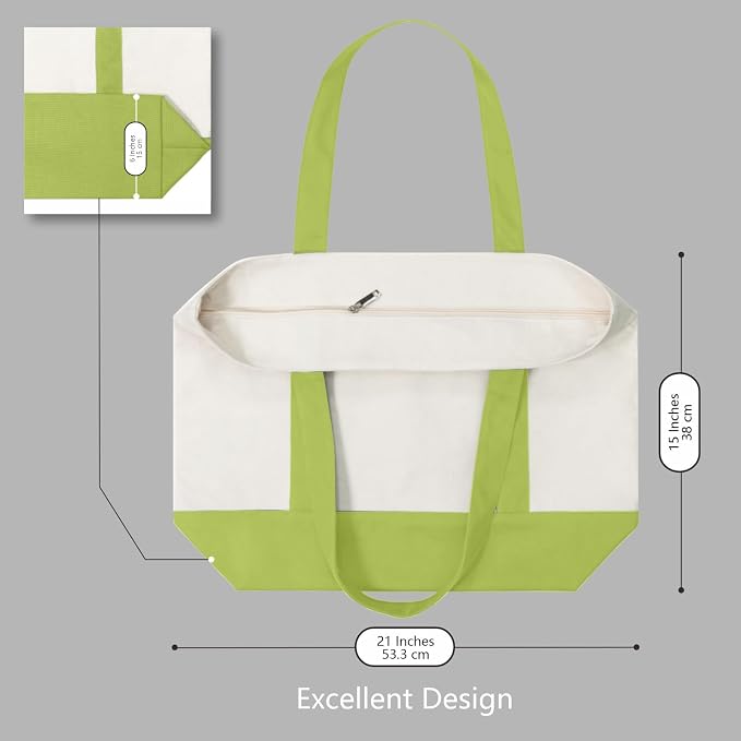 TOPDesign 1-Pack Canvas Tote Bag with an External Pocket, Reusable Grocery Shopping Bag, Top Zipper Closure, Daily Essentials (Light Green/Natural) - Image 5