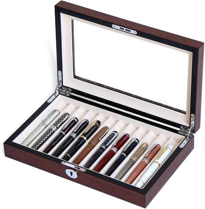 12-Slot Fountain Pen Collector Case – Lockable Wooden Organizer with Glass Display Top, Premium Storage Box for Writing Instruments and Gift for Men by Besforu