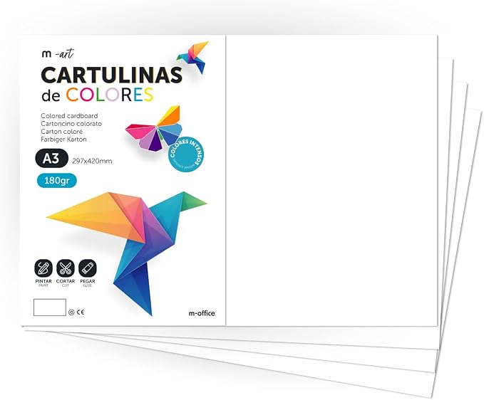 Cartulina de Colores, Cartulina A3, Folios Colores 180 g, Bloc cartulina Colours intensos, Ideal para Manualidades, Imprimir Tus Documentos y Diseños Creativos · m-office (200 Hojas, Blanco) by m-office
