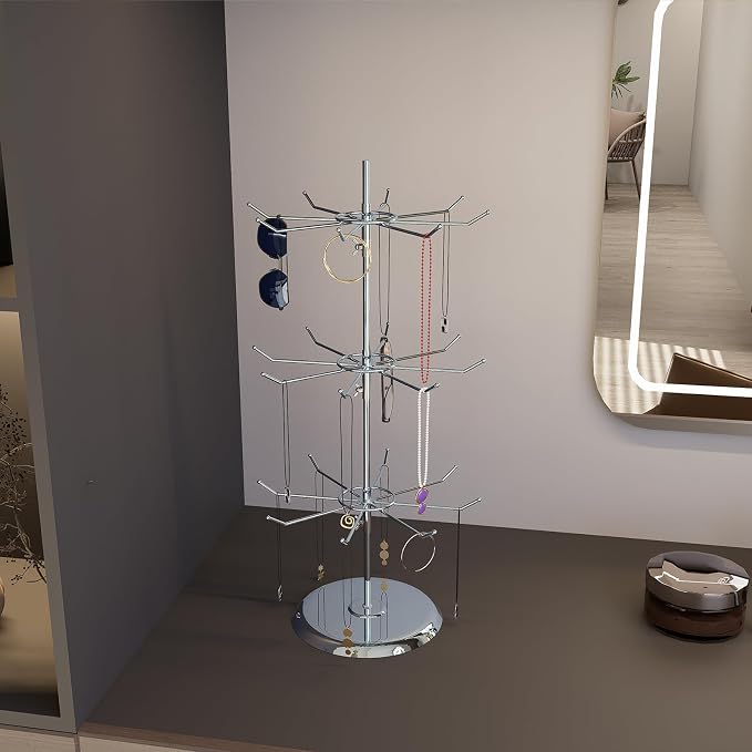 3 Tier Jewelry Holder with 8 Hooks Chrome Spinner Display Stand | Chrome, Adjustable Height, Space-saving, 3 Tier Hanging, Rotating Organizer, For Necklace Bracelet Earring - Image 4