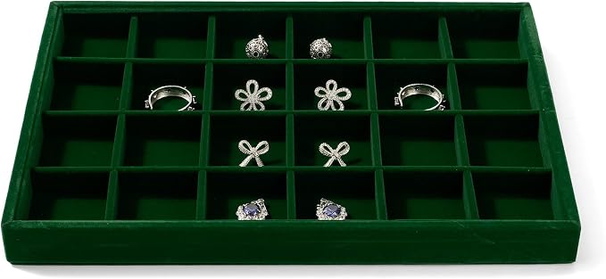 24-Grid Velvet Jewelry Tray for Ring & Earring Storage Green | 24 Compartments, Large Capacity, For Home & Commercial Use, Stackable by Papten