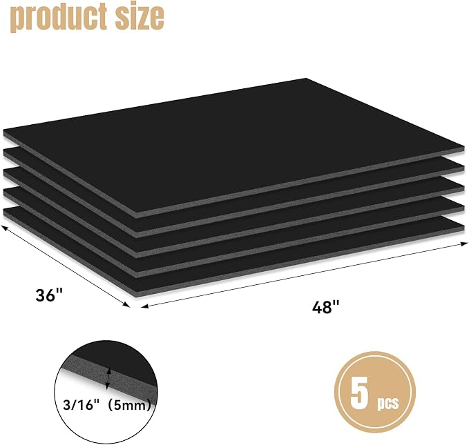 WEWLINE 36×48" Black Foam Board, 3/16" (5mm) Thick Poster Board, 5Pack of Foam Core Board for Arts & Crafts, School Projects, Displays, and Presentations - Image 2