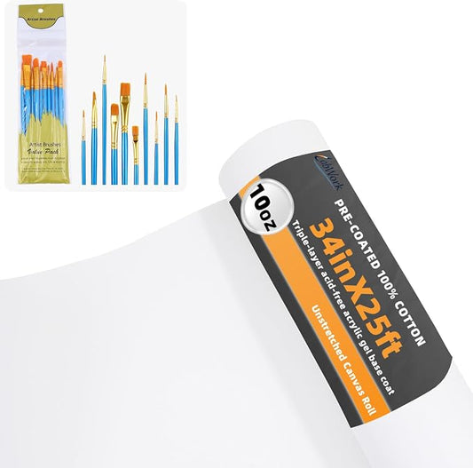 34 in × 25 ft Canvas Roll for Painting with Acrylic Paint Brush Set, 10 oz Cotton Primed Canvas Roll, Triple Gesso Primed, Painting for Oil & Acrylic, Hobby Artist by Unknown