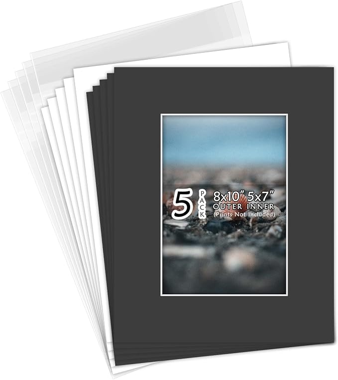 Golden State Art 5 Pack Black Mat 8x10 for 5x7 Photo Matte+Backings+Bags | Acid-Free,4-Ply Thick,Pre-Cut Kit Mattes,White Core,Bevel Cut,For Photos, Pictures,Artwork, Poster or Print Display by GoldenStateArt