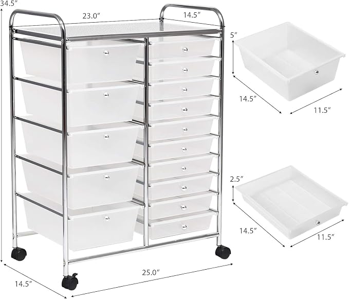 15 Drawer Rolling Storage Cart, Rolling Cart with Drawers for Classroom, Art Supply Craft Organizer on Wheel with Metal Frame & Handles for Home Office School - Image 3