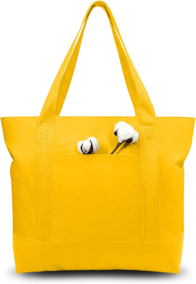 TOPDesign 1-Pack Canvas Tote Bags with an External Pocket, Reusable Grocery Shopping Bags, Top Zipper Closure, Daily Essentials (Yellow) by TOPDesign
