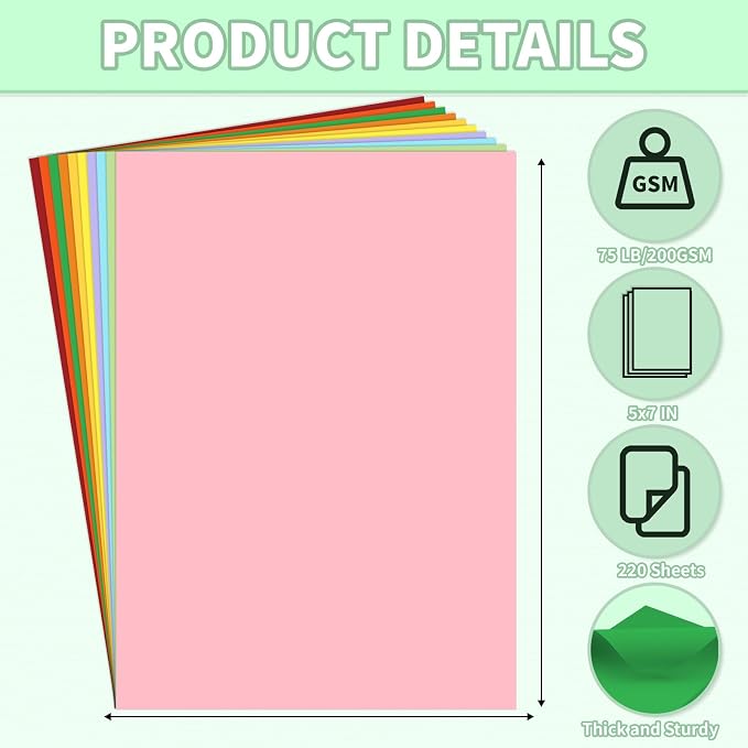 Cardstock 5x7, 220 Sheets, 10 Assorted Colors Construction Paper, 5x7 Cardstock Paper, 75lb/ 200gsm Heavyweight Blank Cards for Printer,DIY,Wedding Invitations, Thankyou Cards, Postcards - Image 2