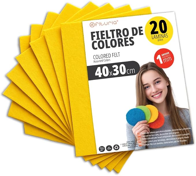 OFITURIA Felt for DIY Crafts, Soft and Flexible Coloured Fabric Sheets for Sewing, Patchwork, School Projects, Textile Art and Decoration 40 x 30 cm (Yellow, 20 Pcs) by OFITURIA
