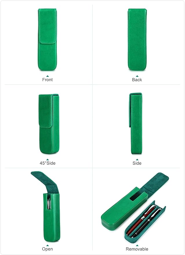 Top Grain Genuine Leather 2 Pen/Pencil Tray Case Holder, Minimalist Fashion Design, Handmade, Magnetic Closing with Drawer Design, Gift Choice for Man/Woman/Office, Glossy Green, 2 Slots - Image 4