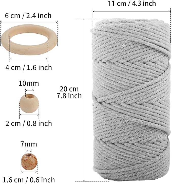 Macrame Cotton Cord 6mm x 109 Yards, ZUEXT 100% Natural Handmade Colorful 4 Strands Twisted Braided Cotton Rope for Wall Hanging Plant Hangers Gift Wrapping Tapestry DIY Crafts (100m, Light Grey) - Image 2