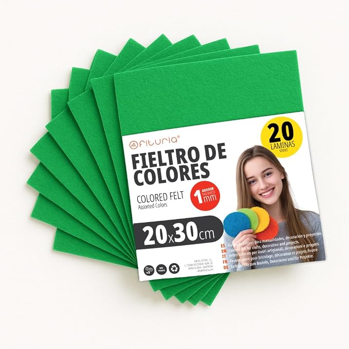 OFITURIA Craft Felt for DIY Projects, Colourful Felt Fabrics for Patchwork, Sewing, School, Art and Decoration 20 x 30 cm (Green, Pack of 20) by OFITURIA